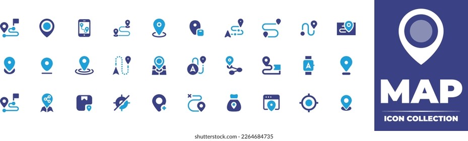 Map icon collection. Duotone color. Vector illustration. Containing  distance, map pin, navigation, location, route, navigator, map, share location, gps navigation, gps navigator, direction, browser.