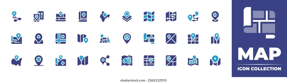 Map icon collection. Duotone color. Vector illustration. Containing route, travel guide, india, location, map, gps, user, united states of america, pointer, share, pin, location, map book