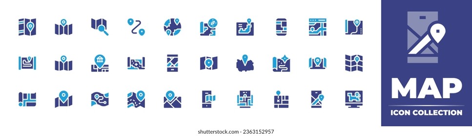 Map icon collection. Duotone color. Vector illustration. Containing map,  marker, location, game map, street, mobile map.