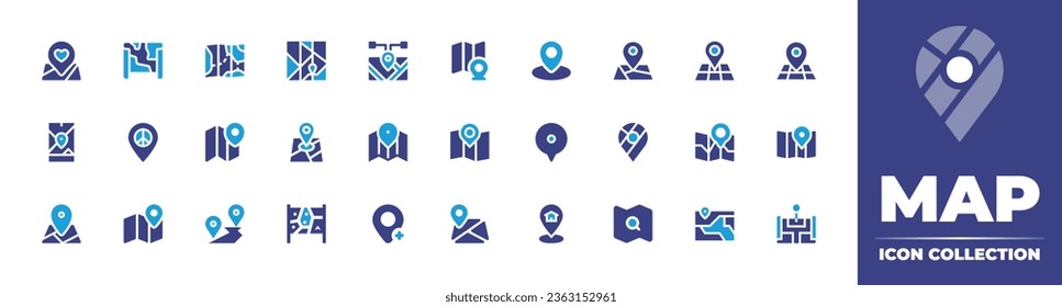 Map icon collection. Duotone color. Vector illustration. Containing map, gps navigator, placeholder, position, marker, google maps, location, search, street, maps, mobile.