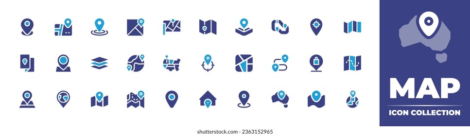 Map icon collection. Duotone color. Vector illustration. Containing location, google maps, architecture, worldwide, map, map pointer, travel guide, target, address, library, circuit, tracking, gps.