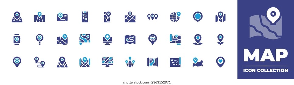 Colección de iconos de mapa. Color de duotona. Ilustración vectorial. Conteniendo la ubicación del mapa, la ubicación, el mapa, el marcador del mapa, la dirección, el pin de la ubicación, la calle, el marcador de posición, el reloj inteligente, la búsqueda, la computadora, la distancia, el corazón.