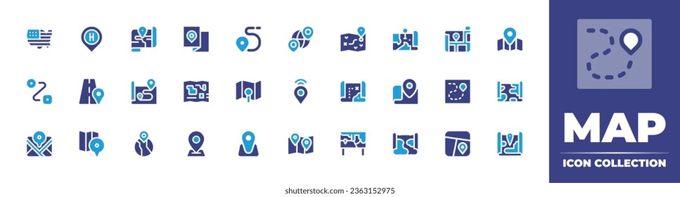 Sammlung von Kartensymbol. Duotonfarbe. Vektorgrafik. Enthält Krankenhaus, Route, Welt, Routing, Straße, Karte, Signal, Karten, Position, Pin, Schatzkarte, Stadt, Zeiger.