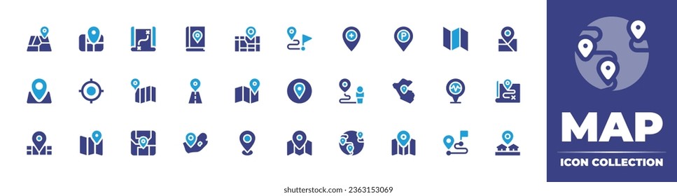 Colección de iconos de mapa. Color de duotona. Ilustración vectorial. Conteniendo el mapa, el mapa de la ciudad, el destino, el objetivo, el marcador de posición, el aparcamiento, los mapas, el perú, el viaje, la distancia, el mapa.