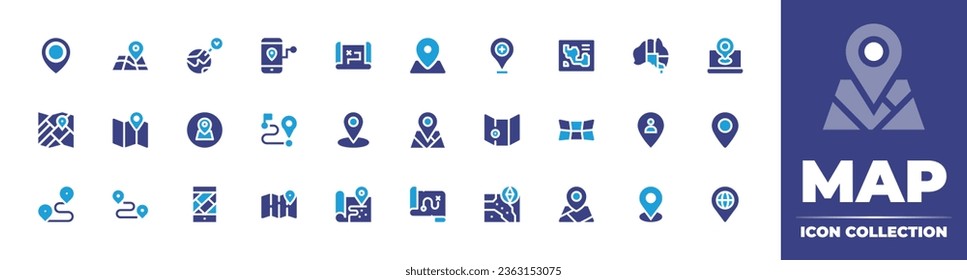 Map icon collection. Duotone color. Vector illustration. Containing pin, placeholder, treasure, gps, street, map, location, finish, track, australia, pin, game map, route.