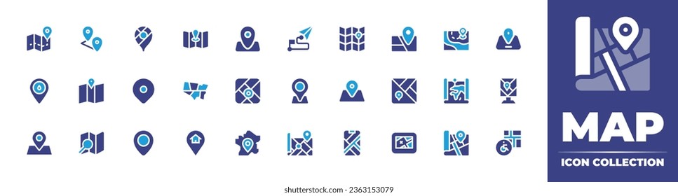 Colección de iconos de mapa. Color de duotona. Ilustración vectorial. Conteniendo mapas de google, mapa, pin de ubicación, pin, ruta, ubicación del mapa, ubicación, ubicación, ciudad, mapas y banderas, mapa móvil.