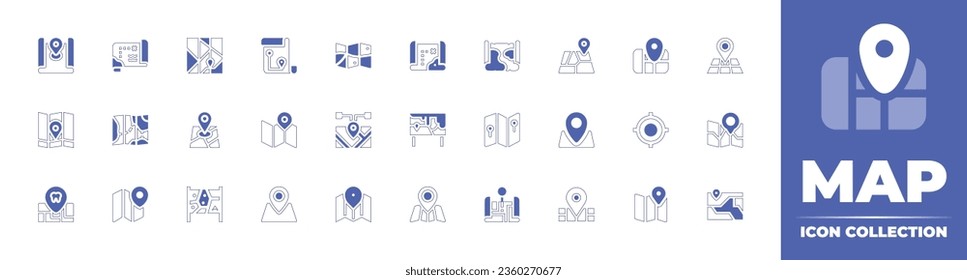 Map icon collection. Duotone style line stroke and bold. Vector illustration. Containing map, city, location, target, street, location, map marker, maps, treasure, and more