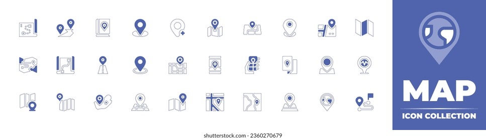 Map icon collection. Duotone style line stroke and bold. Vector illustration. Containing location, gps navigator, city map, position, map, travel guide, placeholder, distance, map book, and more.