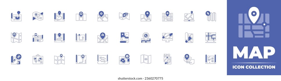 Map icon collection. Duotone style line stroke and bold. Vector illustration. Containing map, treasure, street, world, underground, location, and more.