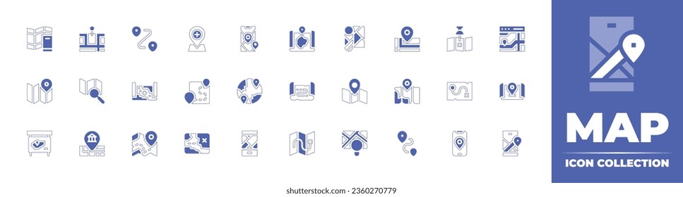 Map icon collection. Duotone style line stroke and bold. Vector illustration. Containing map, pin, marker, location, mobile map, and more.