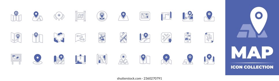 Map icon collection. Duotone style line stroke and bold. Vector illustration. Containing map, location, maps and flags, marker, mobile, street, treasure, pin map, and more.