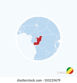 Map icon of Congo. Blue map of Africa with highlighted Congo in red color. Vector Illustration.