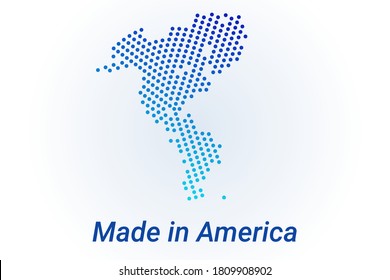 Icono de mapa de América Latina, Norte y Sudamérica. Ilustración del logotipo del vector con texto Hecho en América. Fondo de los puntos de media tonalidad azul. Píxeles redondos. Diseño gráfico digital moderno. Respaldo blanco claro