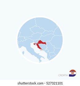 Map icon of Croatia. Blue map of Europe with highlighted Croatia in red color. Vector Illustration.