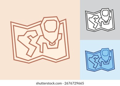 Map Icon in Cutout Hand Drawn Style with Bold Line Art in Three Different Color Style
