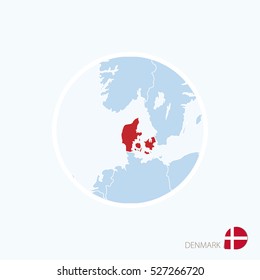 Map icon of Denmark. Blue map of Europe with highlighted Denmark in red color. Vector Illustration.
