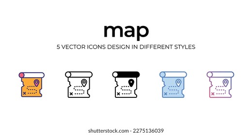 map Icon Design in Five style with Editable Stroke. Line, Solid, Flat Line, Duo Tone Color, and Color Gradient Line. Suitable for Web Page, Mobile App, UI, UX and GUI design.