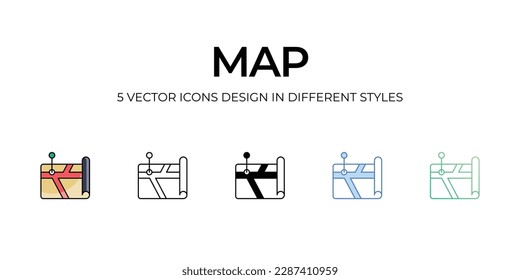 Diseñar icono de mapa en estilo Cinco con pulsación editable. Línea, Sólido, Línea plana, Color de tono Duo y Línea de degradado de color. Adecuado para diseño de páginas Web, aplicaciones móviles, UI, UX y GUI.
