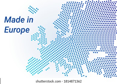 Map icon of Europe. Vector logo illustration with text Made in Europe. Blue halftone dots background. Round pixels. Modern digital graphic design. Light white backdrop