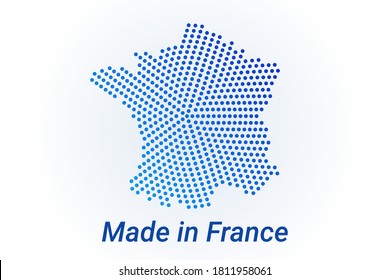 Icono de mapa de Francia. Logo vector con texto hecho en Francia. Fondo de los puntos de media tonalidad azul. Píxeles redondos. Diseño gráfico digital moderno. Fondo blanco claro