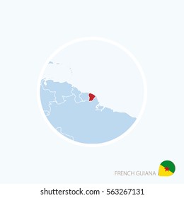 Map icon of French Guiana. Blue map of South America with highlighted French Guiana in red color. Vector Illustration.