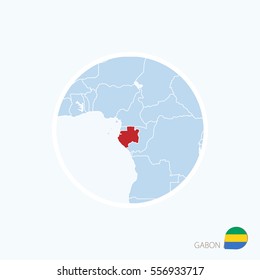Map icon of Gabon. Blue map of Central Africa with highlighted Gabon in red color. Vector Illustration.