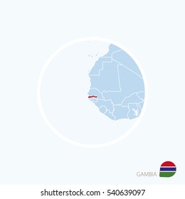 Map icon of Gambia. Blue map of Africa with highlighted Gambia in red color. Vector Illustration.