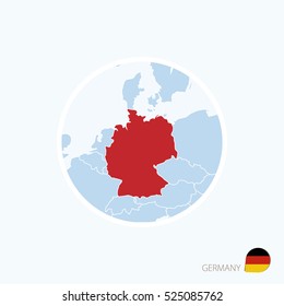 Map icon of Germany. Blue map of Europe with highlighted Germany in red color. Vector Illustration.