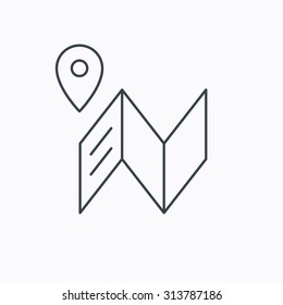 Map icon. GPS navigation with pin sign. Linear outline icon on white background. Vector