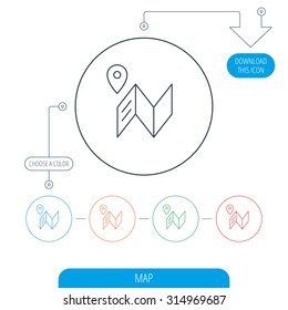 Map icon. GPS navigation with pin sign. Line circle buttons. Download arrow symbol. Vector