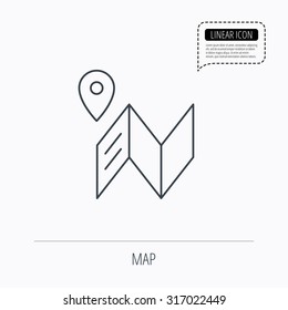 Map icon. GPS navigation with pin sign. Linear outline icon. Speech bubble of dotted line. Vector