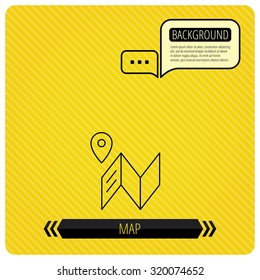 Map icon. GPS navigation with pin sign. Chat speech bubbles. Orange line background. Vector