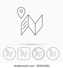 Map icon. GPS navigation with pin sign. Linear circle, square and star buttons with icons.