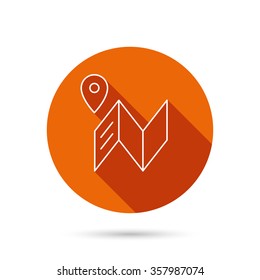 Map icon. GPS navigation with pin sign. Round orange web button with shadow.