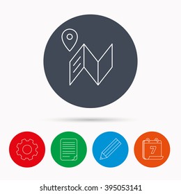 Map icon. GPS navigation with pin sign. Calendar, cogwheel, document file and pencil icons.