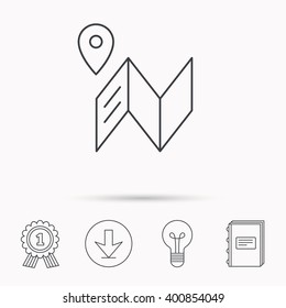 Map icon. GPS navigation with pin sign. Download arrow, lamp, learn book and award medal icons.