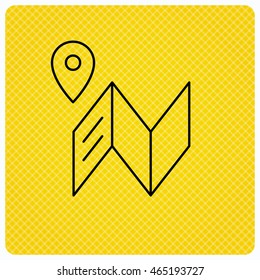 Map icon. GPS navigation with pin sign. Linear icon on orange background. Vector