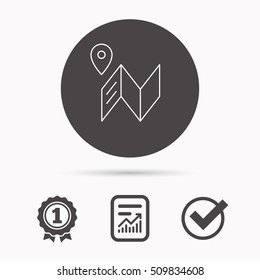 Map icon. GPS navigation with pin sign. Report document, winner award and tick. Round circle button with icon. Vector