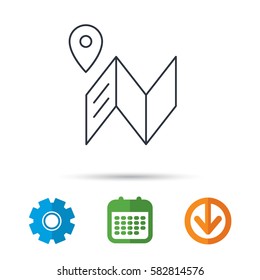 Map icon. GPS navigation with pin sign. Calendar, cogwheel and download arrow signs. Colored flat web icons. Vector