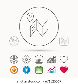 Map icon. GPS navigation with pin sign. Calendar, Graph chart and Cogwheel signs. Download and Heart love linear web icons. Vector