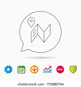 Map icon. GPS navigation with pin sign. Calendar, Graph chart and Cogwheel signs. Download and Shield web icons. Vector