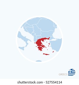 Map icon of Greece. Blue map of Europe with highlighted Greece in red color. Vector Illustration.