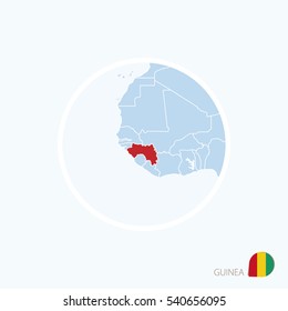 Map icon of Guinea. Blue map of Africa with highlighted Guinea in red color. Vector Illustration.
