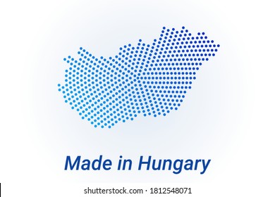 Map icon of Hungary. Vector logo illustration with text Made in Hungary. Blue halftone dots background. Round pixels. Modern digital graphic design. Light white backdrop