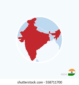Map icon of India. Blue map of South Asia with highlighted India in red color. Vector Illustration.