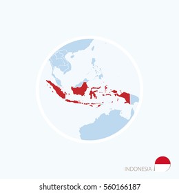 Map icon of Indonesia. Blue map of Asia with highlighted Indonesia in red color. Vector Illustration.