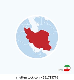 Map icon of Iran. Blue map of Middle East with highlighted Iran in red color. Vector Illustration.