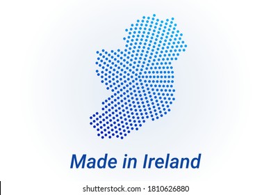 Map icon of Ireland. Vector logo illustration with text Made in Ireland. Blue halftone dots background. Round pixels. Modern digital graphic design. Light white backdrop