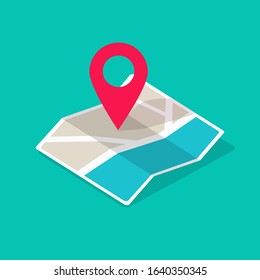 Map icon isometric with destination location pin pointer vector illustration flat cartoon, concept of GPS position symbol or direction route pictogram with city road street modern design 