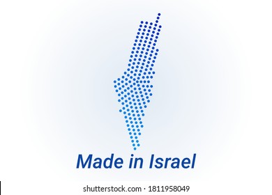 Map icon of Israel. Vector logo with text Made in Israel. Blue halftone dots background. Round pixels. Modern digital graphic design. Light white backdrop